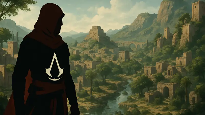 Главный герой Assassin's Creed Mirage, Басим, на фоне нового региона «Долина Памяти» в обновлении для iOS.