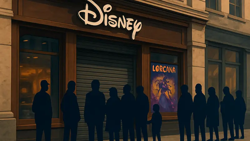 Очередь людей у закрытого магазина Disney Store из-за скальперов Lorcana.