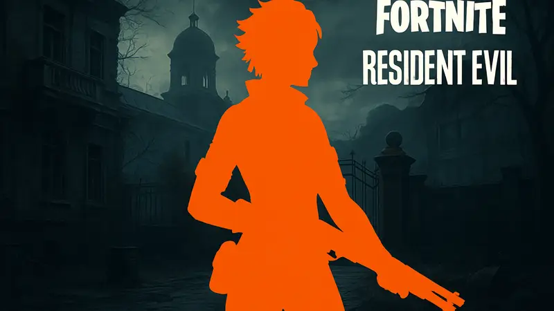 Арт персонажа Грейс Эшкрофт из Resident Evil Requiem, стилизованный под Fortnite, или логотипы Fortnite и Resident Evil.