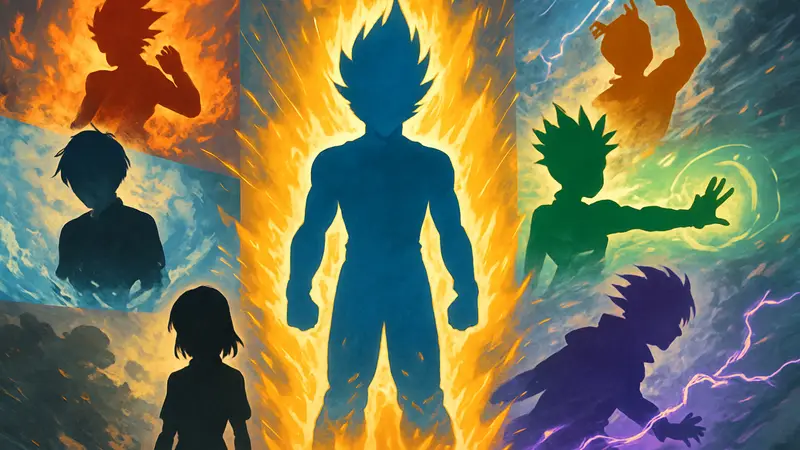 Сборник аниме-персонажей, получивших незаслуженные усиления, на фоне ярких эффектов силы.