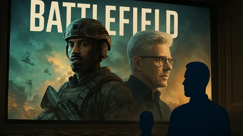 Логотип Battlefield на киноэкране, с лицами Майкла Б. Джордана и Кристофера МакКуорри.