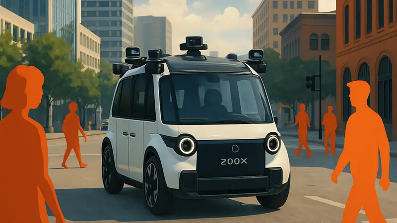 Беспилотный автомобиль Zoox на улице города, символизирующий тестирование роботакси в Остине и Майами