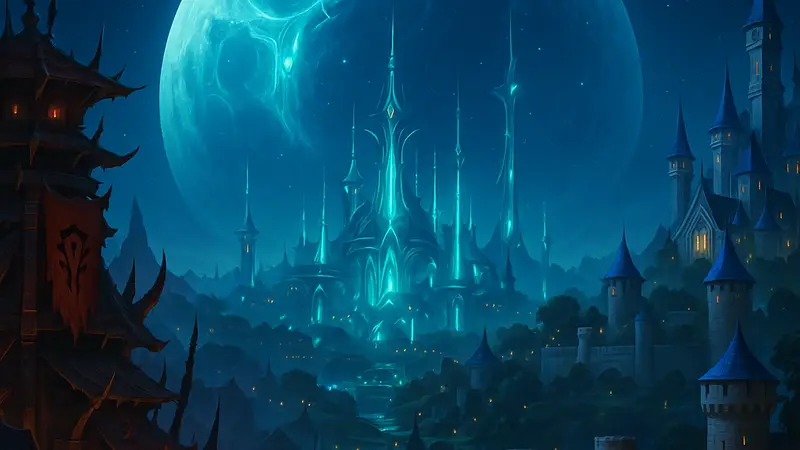Виды Оргриммара и Штормграда из World of Warcraft на фоне обновлённой Серебряной Луны, ночное время.