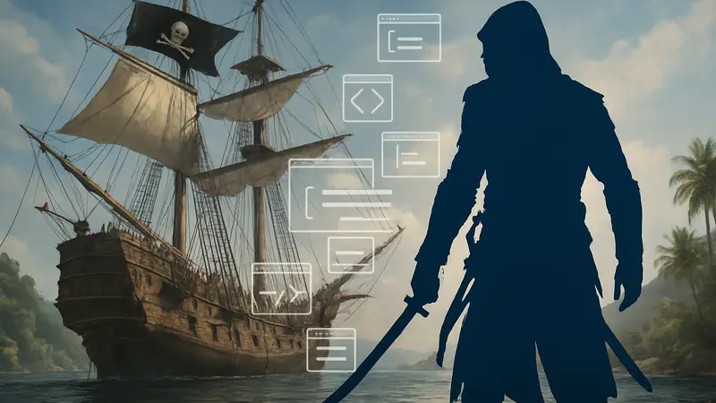 Изображение пиратского корабля и героя Assassin's Creed Black Flag, символизирующее перестройку кода для ремейка.