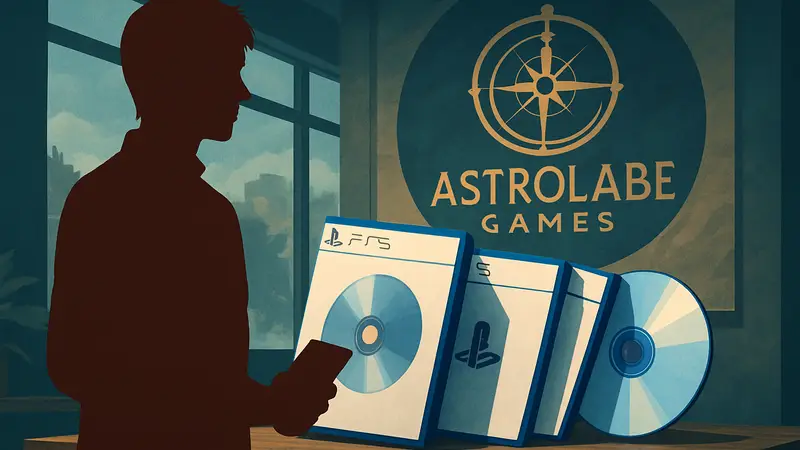 Логотип Astrolabe Games и физические диски PS5, символизирующие поддержку инди-игр