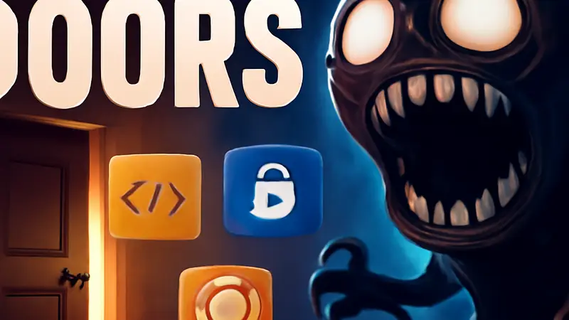 Логотип Roblox Doors и изображение персонажа Раш, символизирующее доступность новых кодов для игры.