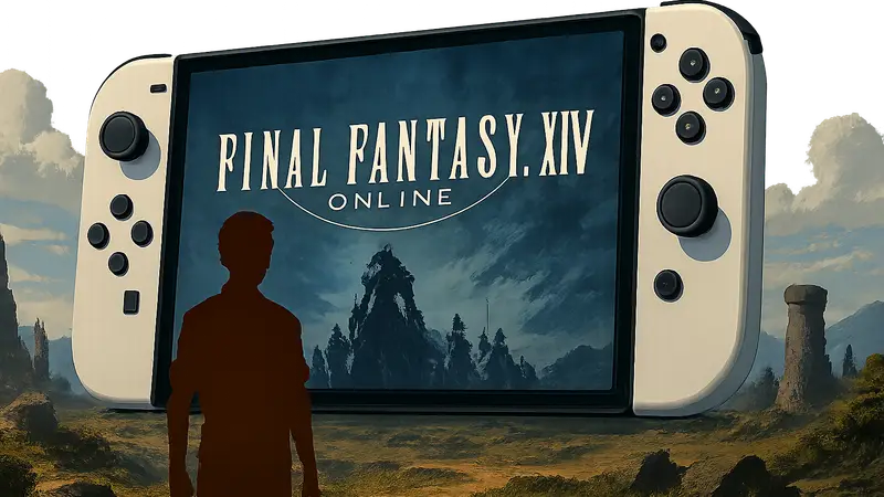 Логотип Final Fantasy XIV Online на фоне Nintendo Switch 2, дата выхода 4 августа 2026.