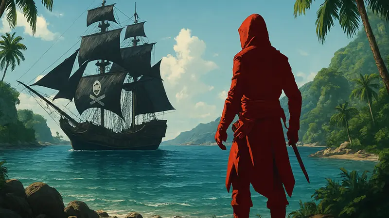 Корабль Эдварда Кенуэя на фоне тропического острова в Assassin's Creed Black Flag Resynced