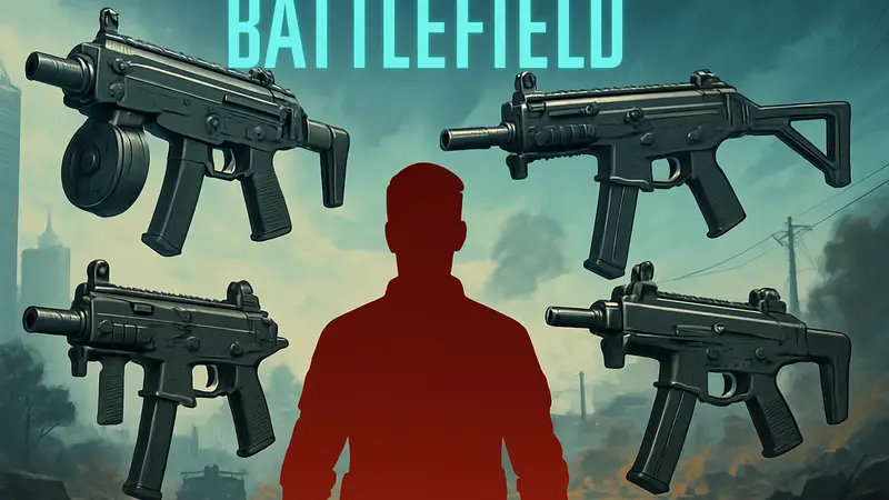 Различные пистолеты-пулемёты (SMG) из Battlefield 6 на фоне игрового поля, символизирующие гайд по оружию.
