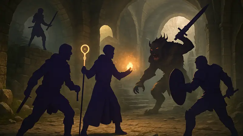 Кадр из фэнтези-RPG Solasta 2 с изображением персонажей и боевой сцены