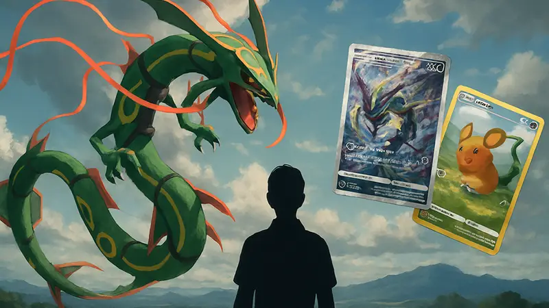 Изображение Mega Rayquaza и карточек из новых наборов Pokémon TCG.