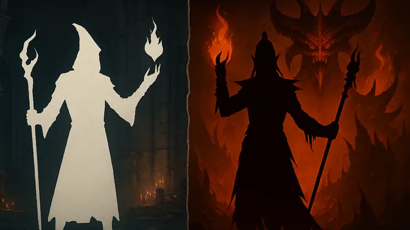 Колдун из Diablo 4: Lord of Hatred и Колдун из Diablo 2: Resurrected, коллаж сравнения