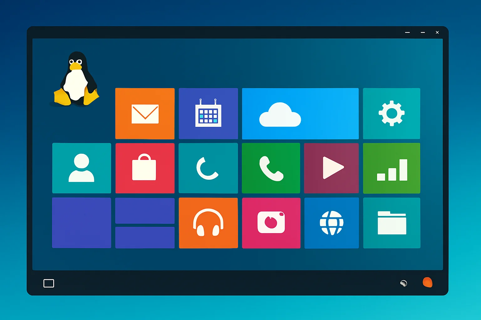 Скриншот рабочего стола Linux с интерфейсом, напоминающим плиточный дизайн Windows 8 Metro.
