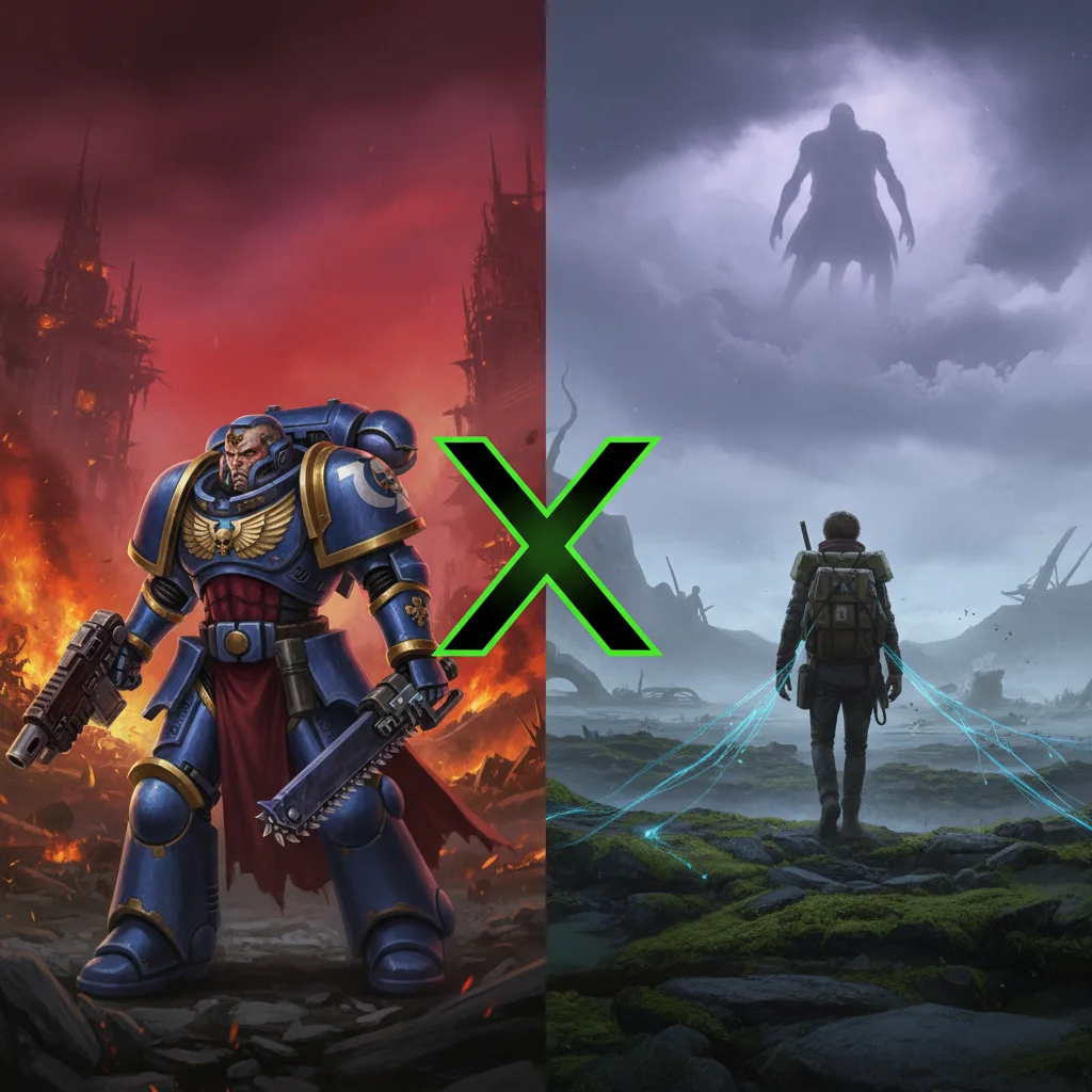 Обложки игр Warhammer 40,000: Space Marine II и Death Stranding Director’s Cut, демонстрирующие новые добавления в Game Pass.