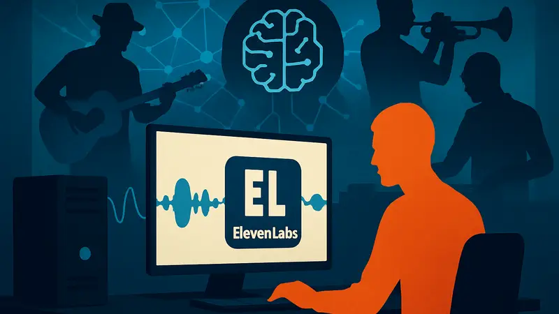 ИИ генерация музыки, логотип ElevenLabs, смена жанров в треке. Технологии искусственного интеллекта.