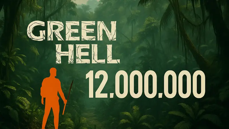 Логотип Green Hell или скриншот из игры с джунглями и выжившим, на фоне цифры 12 миллионов проданных копий.