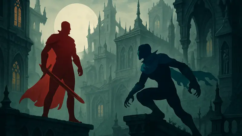 Изображение 2D экшен-платформера Legacy of Kain с Каином и Разиэлем, в готическом стиле.