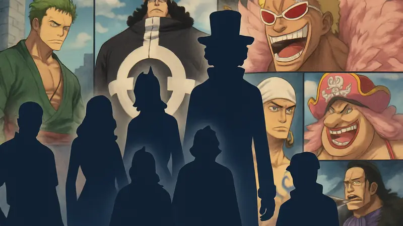 Коллаж из изображений различных злодеев из аниме и манги One Piece.