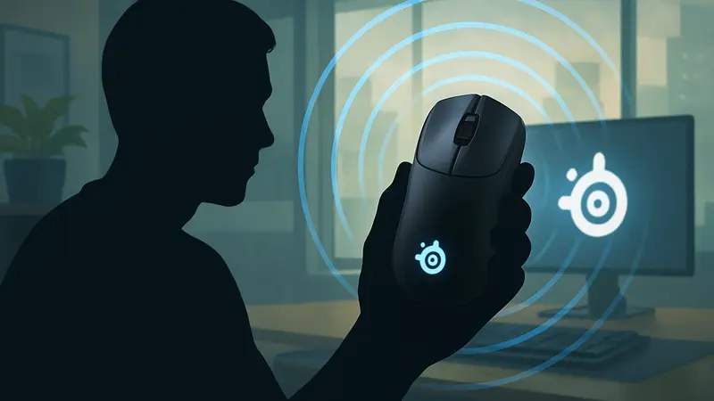 Игровая мышь SteelSeries Rival Pro Mini в руке, демонстрирующая беспроводные технологии UWB.