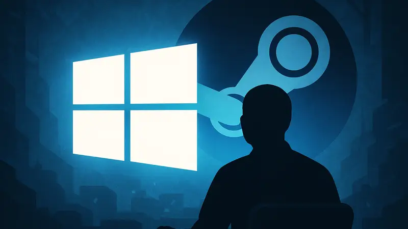 Логотип Windows 10 на фоне логотипа Steam, символизирующий использование старой ОС геймерами