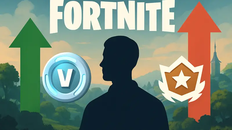 Логотип Fortnite и значок V-бакса, стрелки показывают рост цен на V-баксы и снижение на боевые пропуски.