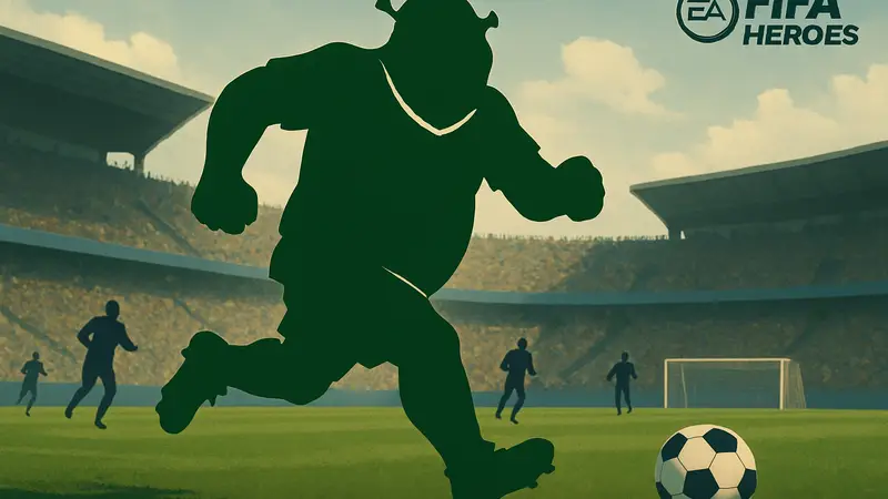 Шрек в футбольной форме, бегущий по полю в FIFA Heroes