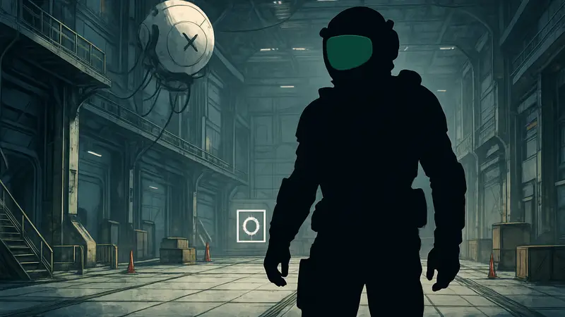 Изображение персонажа из игры Pragmata на фоне тренировочной симуляции