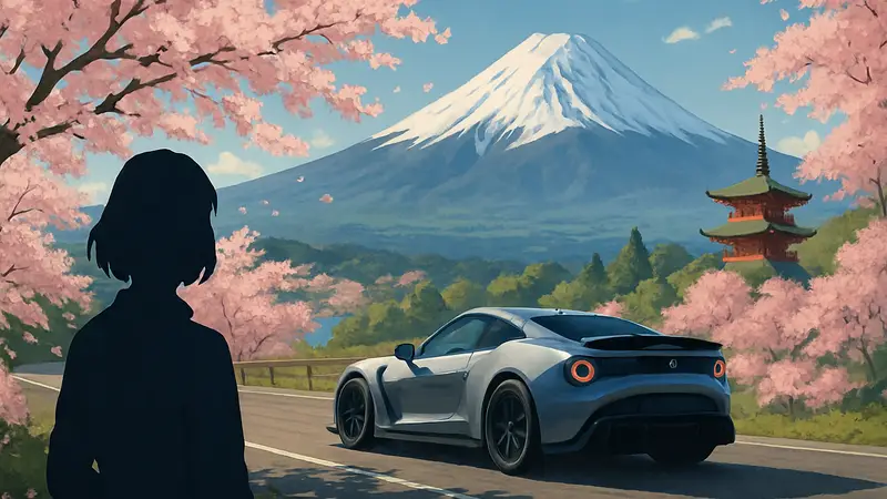 Скриншот из трейлера Forza Horizon 6, демонстрирующий японский пейзаж с цветущей сакурой и гоночным автомобилем.