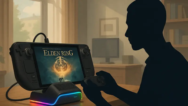 Док-станция JSAUX 7-в-1 с RGB-подсветкой, подключенная к Steam Deck или ROG Ally.