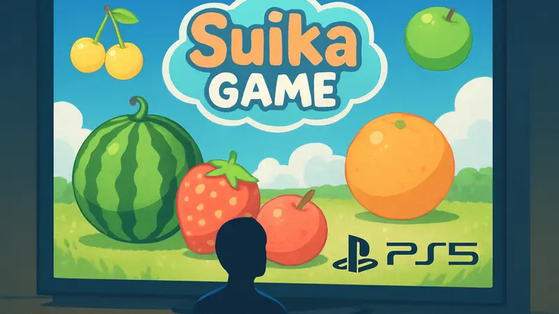 Заставка Suika Game с фруктами и логотипом PlayStation 5, внезапный релиз