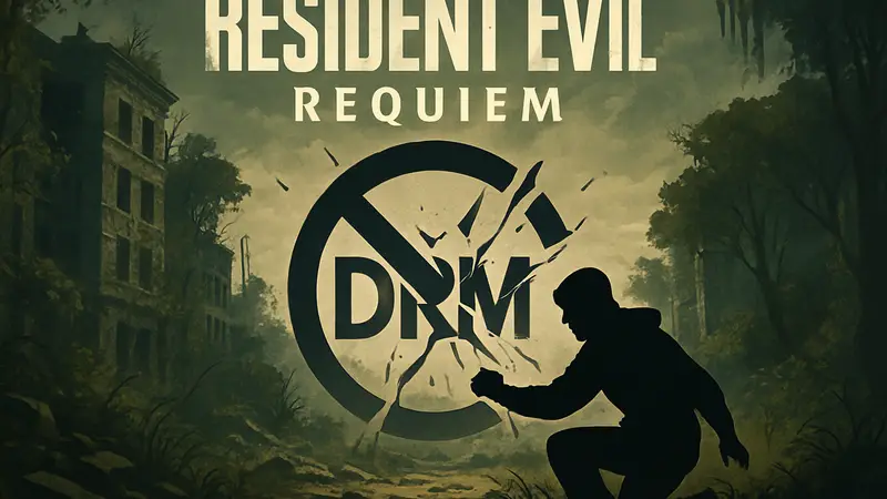Логотип Resident Evil Requiem на фоне символа Denuvo, олицетворяющий взлом защиты DRM.