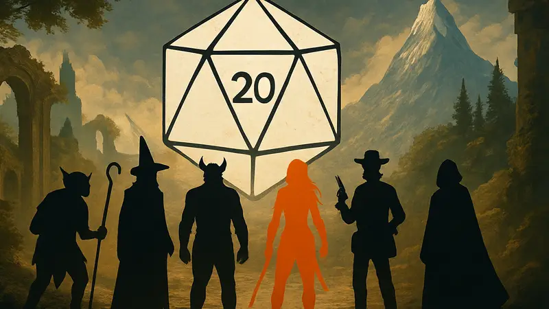 Логотип шоу Dimension 20 и герои разных кампаний, рекомендуемых для просмотра.