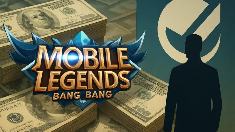 Логотип Mobile Legends: Bang Bang на фоне купюр и символики Savvy Games Group.