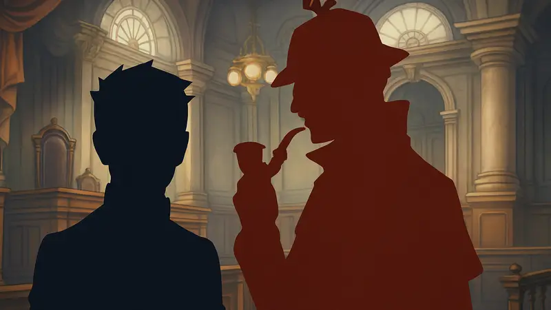 Обложка игры The Great Ace Attorney Chronicles с главными героями Рюноскэ Наруходо и Шерлоком Холмсом.