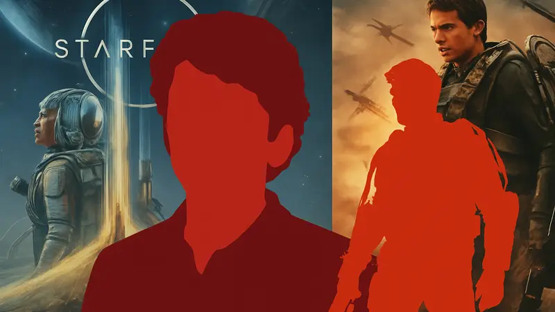 Тодд Говард, директор Bethesda, на фоне арта Starfield и постер фильма «Грань будущего».