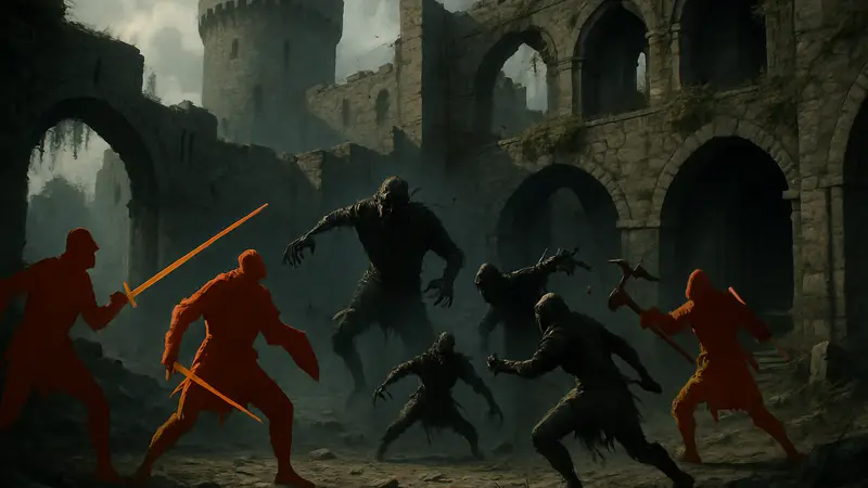 Скриншот Blight Survival: четыре игрока сражаются с монстрами в средневековом замке.