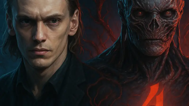 Портрет Джейми Кэмпбелла Бауэра в образе Вена из сериала "Очень странные дела" с мрачной атмосферой.