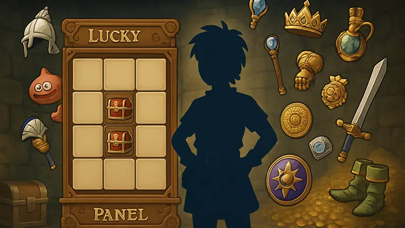 Элементы интерфейса Lucky Panel и уникальные предметы из Dragon Quest 7 Reimagined.