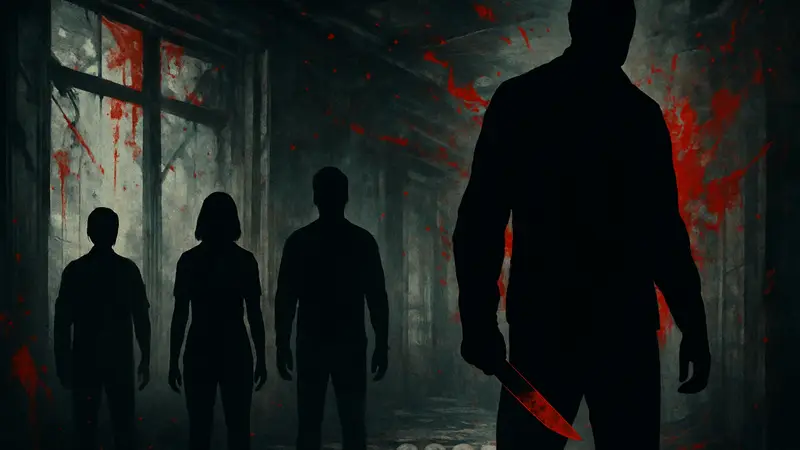 Постер фильма "Faces of Death" 2026 года с мрачными силуэтами и кровавыми брызгами.