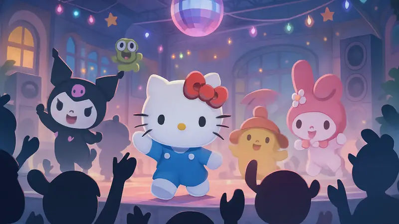Изображение Hello Kitty и других персонажей Sanrio, танцующих на вечеринке из игры Sanrio Kawaii Me Live!.