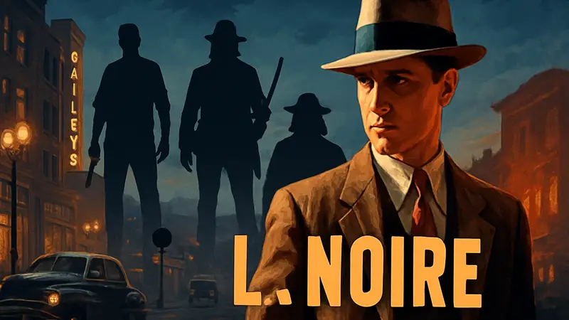 Логотип L.A. Noire на фоне персонажей, на заднем плане силуэты GTA V и RDR 2.