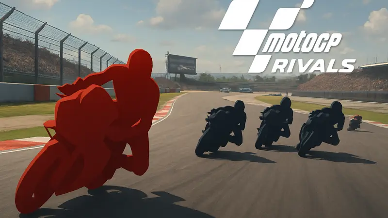 Скриншот из игры MotoGP Rivals с гоночными мотоциклами на трассе, логотип MotoGP