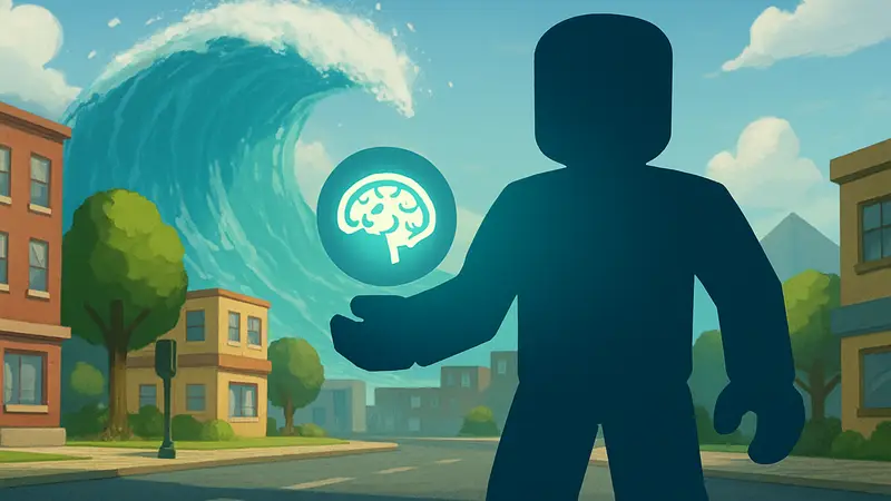 Персонаж из Escape Tsunami for Brainrots на фоне игрового мира Roblox, дюп Brainrots