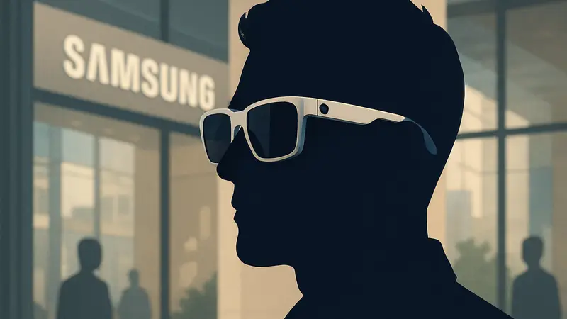 Человек в стильных умных очках Samsung, демонстрирующих современный дизайн и встроенную камеру.