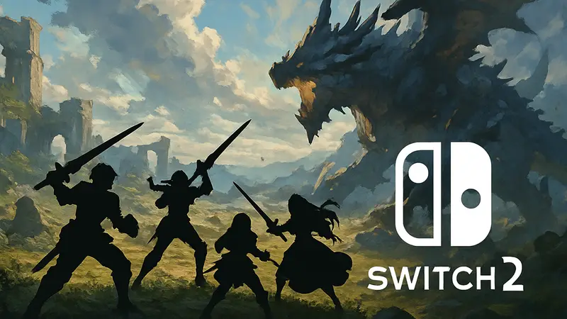 Кадр из игры Granblue Fantasy: Relink, персонажи в бою, логотип Nintendo Switch 2.
