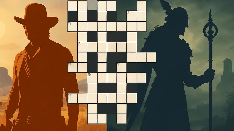 Обложка GameRant с элементами кроссворда, персонажами Red Dead Redemption и Elden Ring