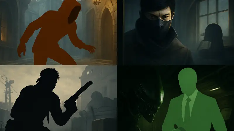 Изображение демонстрирует коллаж из логотипов или скриншотов лучших стелс-игр, таких как Metal Gear Solid и Hitman.