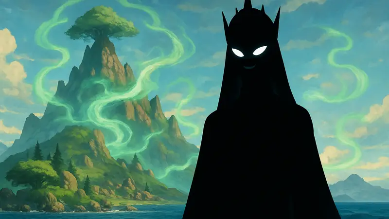 Иму из One Piece с загадочной улыбкой, на фоне острова Элбаф, окутанного мистической энергией Зоан.