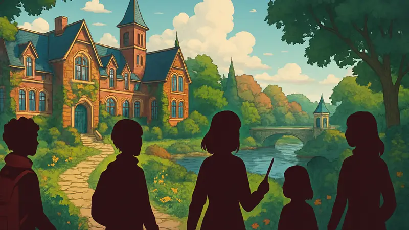 Изображение из игры Witchbrook, возможно, ученики магической школы или волшебный пейзаж.
