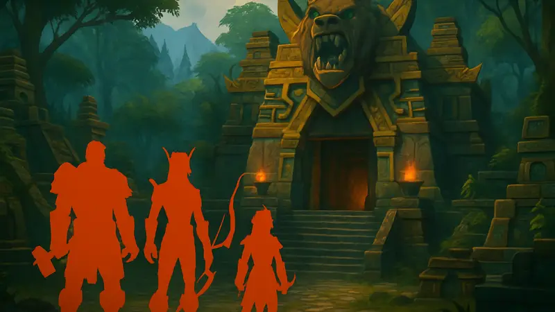 Скриншот из World of Warcraft с зоной Zul'Aman и героями